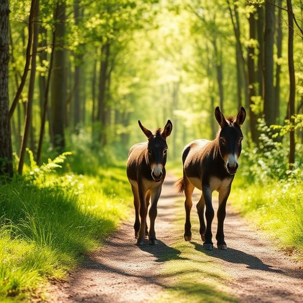 Twee mini-ezels op een zonnig bospad