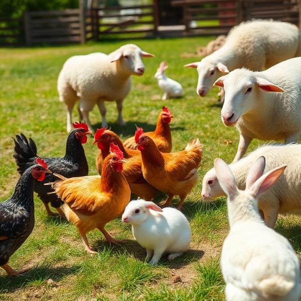 Kippen, konijnen en schapen in de wei