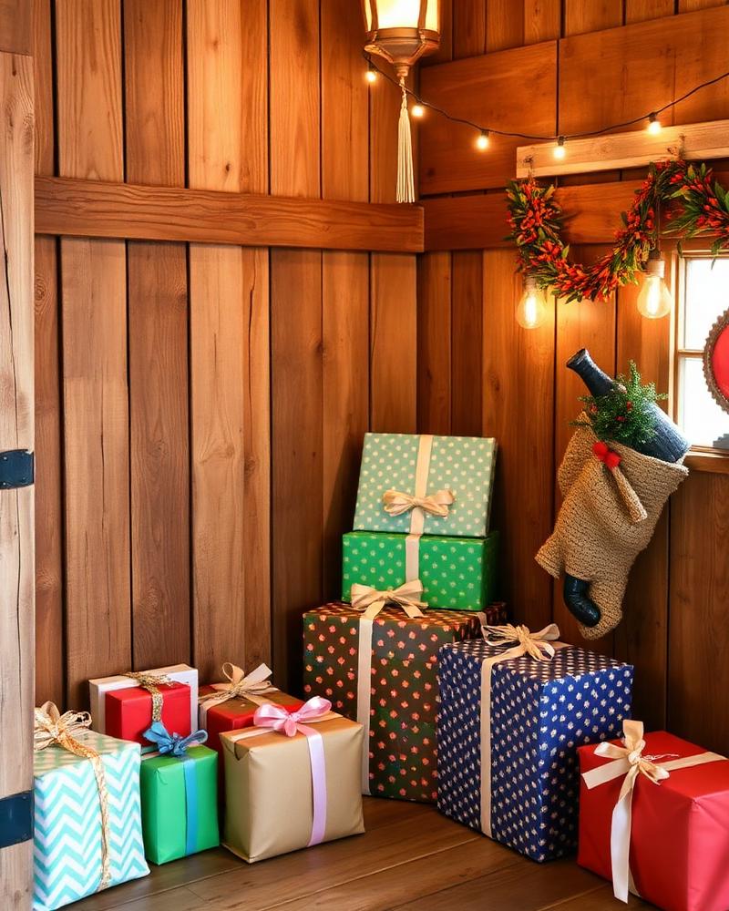 Ingepakte cadeautjes in een houten schuurhoek